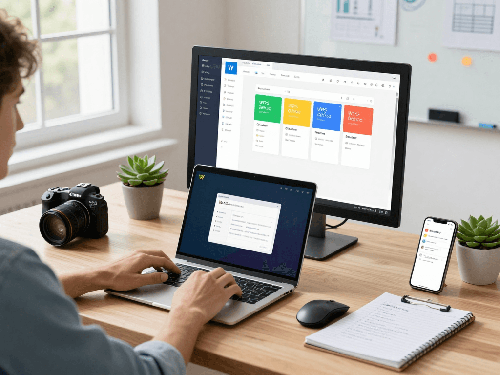 专业工作环境中下载WPS Office下载的用户，显示器上是软件界面，桌面有现代办公用品。
