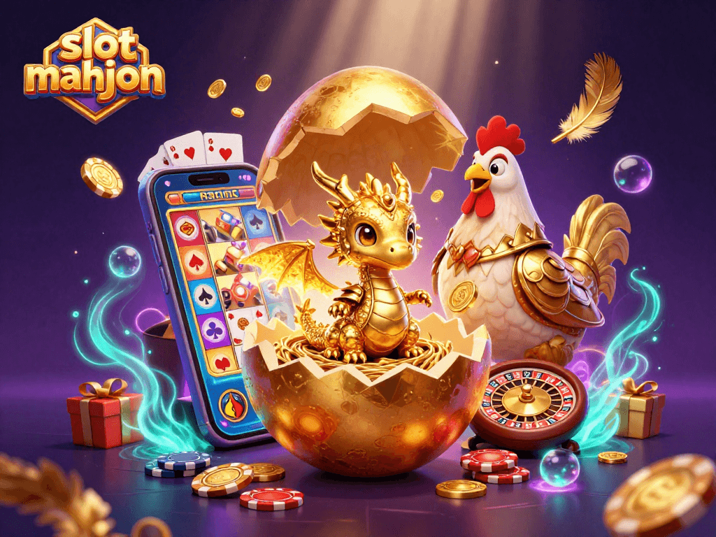 Engage with slot mahjong game as a golden dragon and poker chips create a lively casino atmosphere.