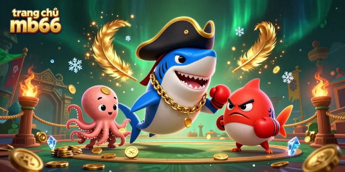 Experience the excitement on trang chủ mb66 with a vibrant casino scene featuring a cartoon shark, pufferfish, and octopus.
