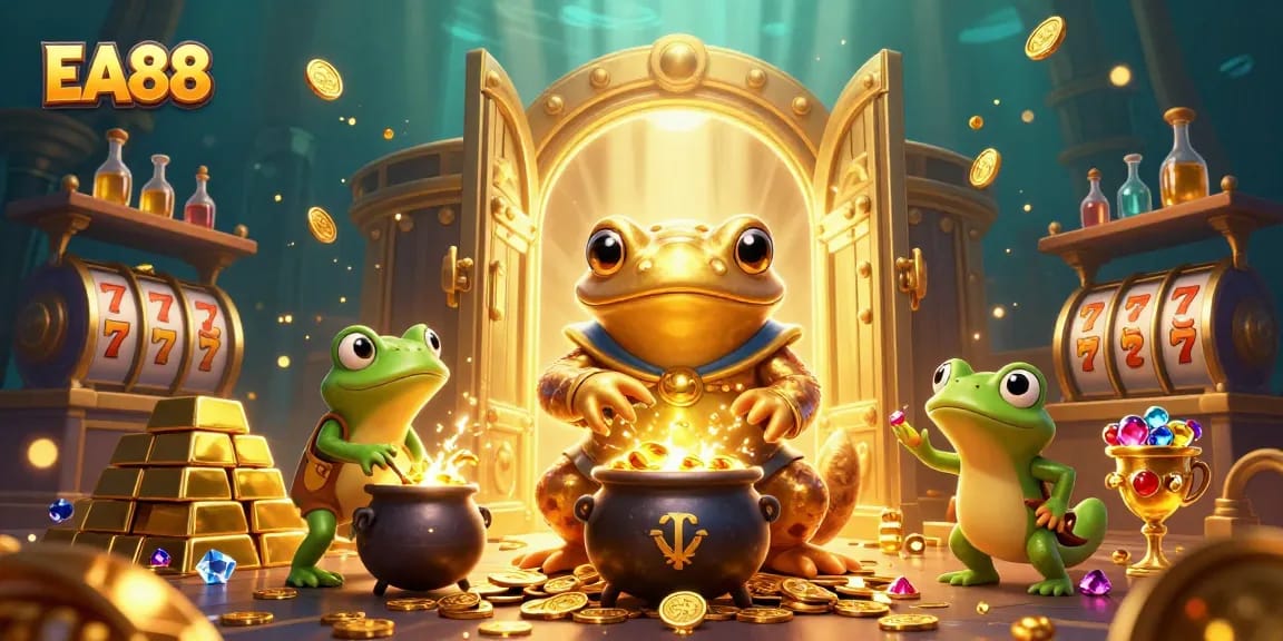 Spin and win at EA88, featuring a golden salamander wizard creating treasures in a dynamic casino world.