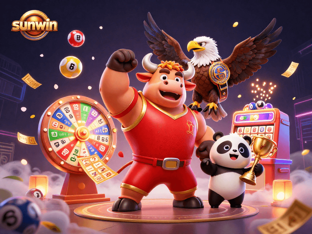 Celebrate wins with sunwin's dynamic gaming scene featuring a victorious bull mascot.
