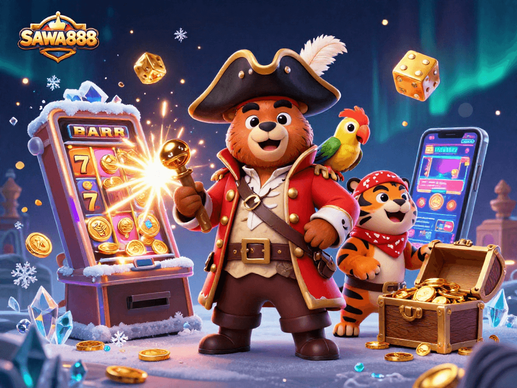 Experience the excitement of SAWA888 with an illustrated adventure showcasing vibrant casino elements and characters.