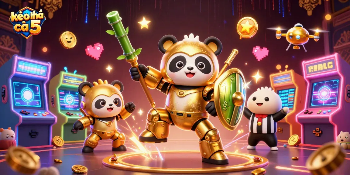 Engage in thrilling action with kèo nhà cái 5 featuring a golden panda in a bamboo robot arena.