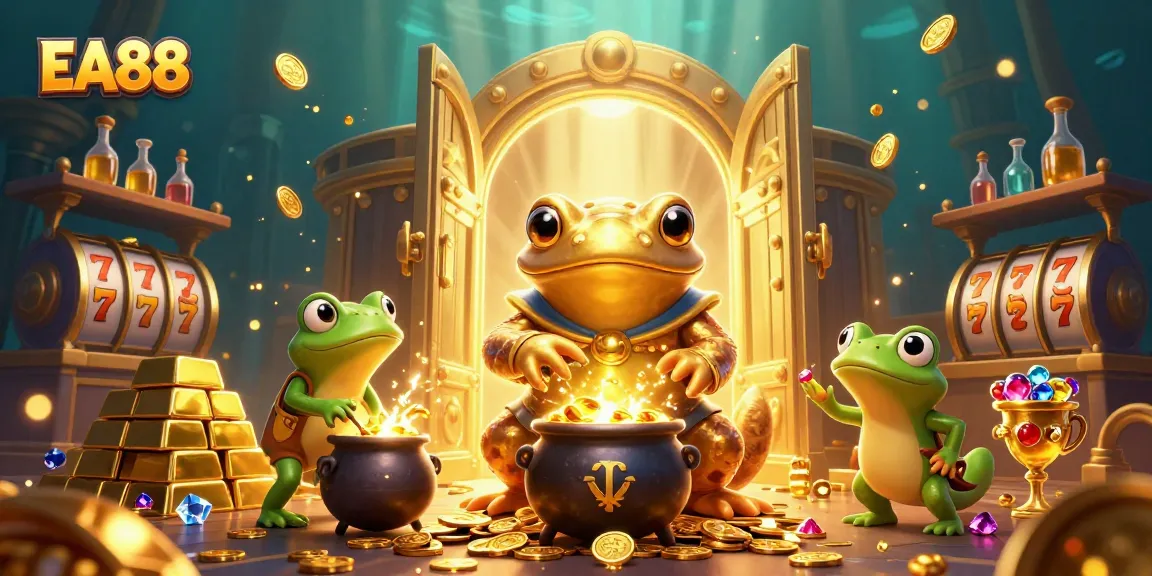 Spin and win at EA88, featuring a golden salamander wizard creating treasures in a dynamic casino world.