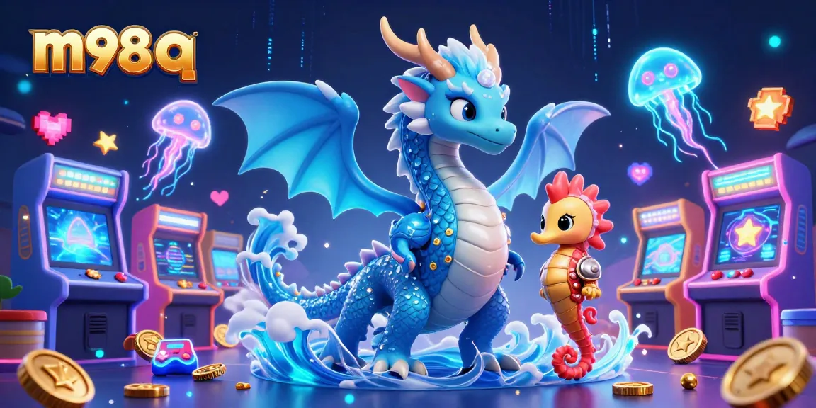 Experience the excitement of m98 q gaming with a dynamic 3D dragon and jellyfish scene filled with vibrant casino elements.