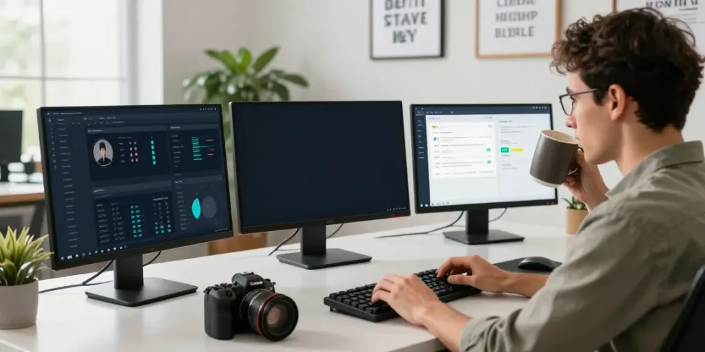 Professional workspace showcasing instant indexing tools on multiple screens