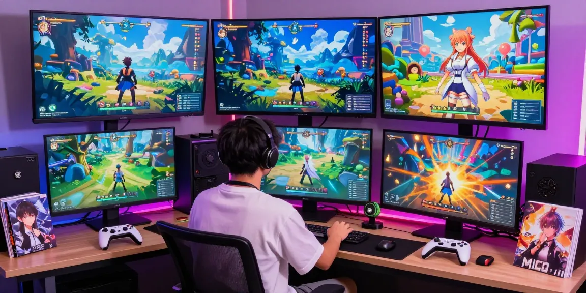 Immersive scene of player engaging with colorful hentai game interfaces and vibrant landscapes.