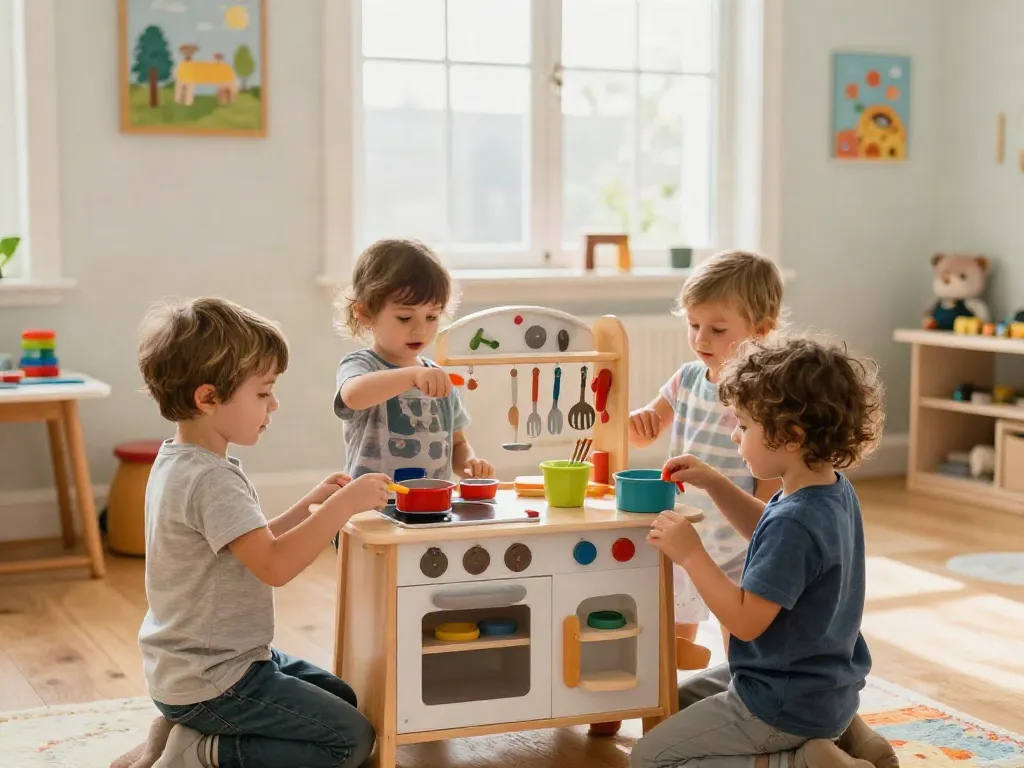 Children enjoying imaginative play in a colourful play kitchen with vibrant accessories.