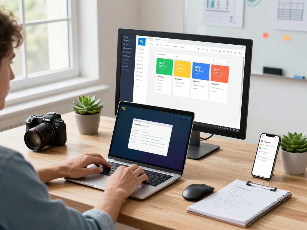 专业工作环境中下载WPS Office下载的用户，显示器上是软件界面，桌面有现代办公用品。