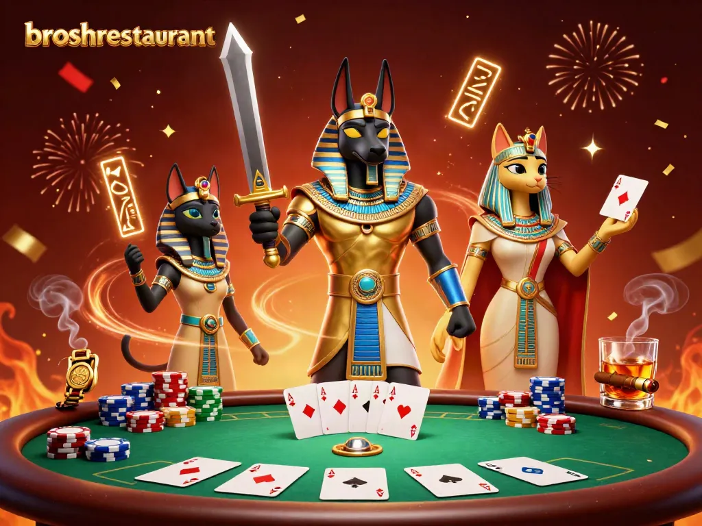 Experience thrilling moments at broshrestaurant as Anubis and Bastet play an epic poker game.