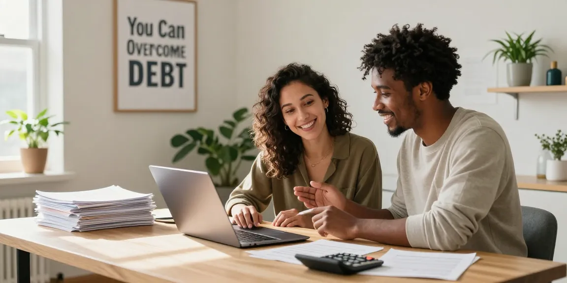 Couple consulting on debt consolidation Canada in a bright home office setting.