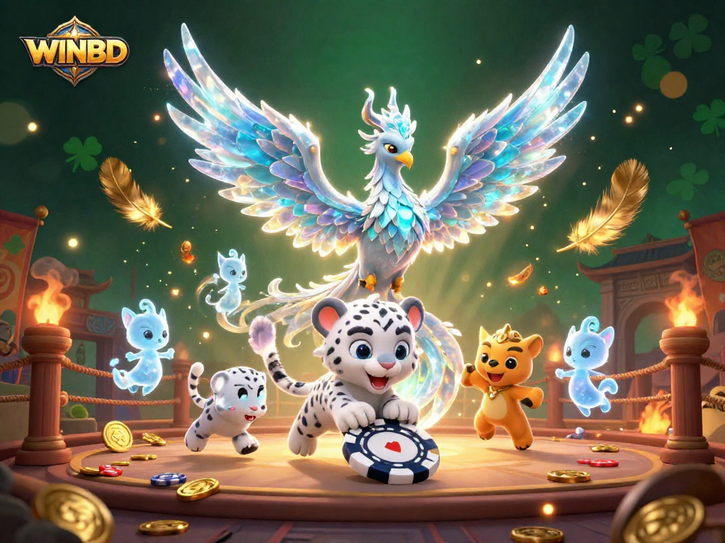 Experience lively gaming at WINBD with an ice phoenix and glowing ice sprites in a vibrant casino scene.
