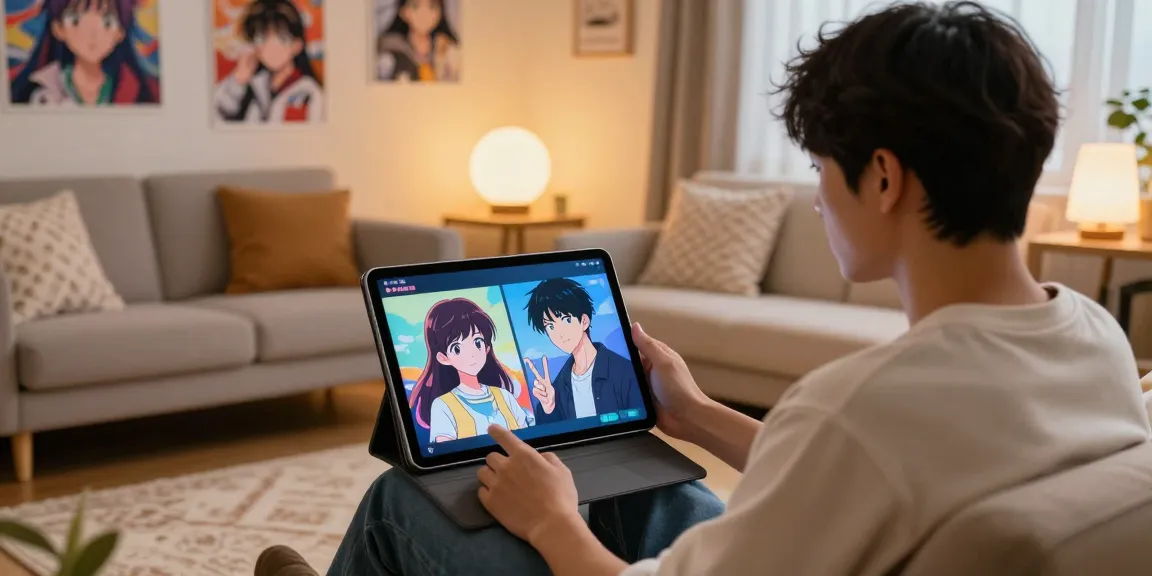 Engaging ai ecchi chat scene depicting cozy user interaction with AI characters on tablet.