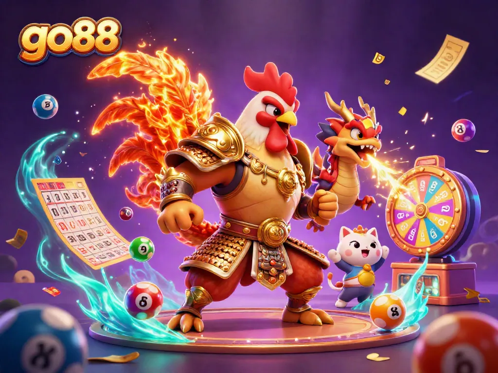 Go88 unleashes excitement with colorful lottery balls and dynamic characters in a vibrant 3D casino illustration.