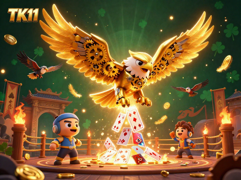 Experience thrilling gameplay at TK11, where a cybernetic eagle dives amid vibrant casino elements and holographic cards.