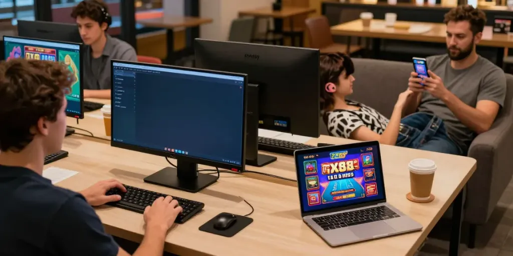 Experience the thrill of gaming on TX88 with diverse players enjoying slots and live casino.