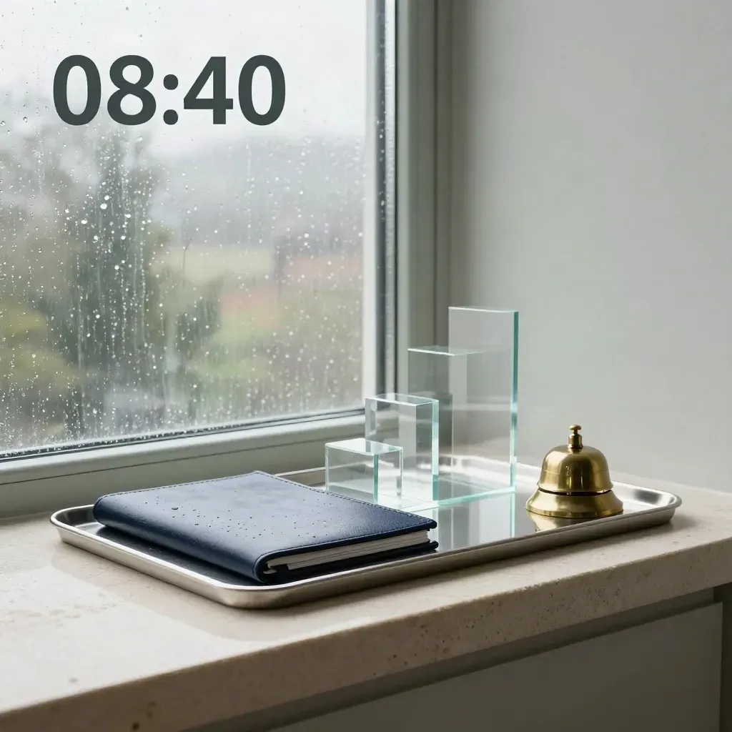 Treasury planning corner with steel trays, leather folio, acrylic blocks and brass bell by a rain-beaded window