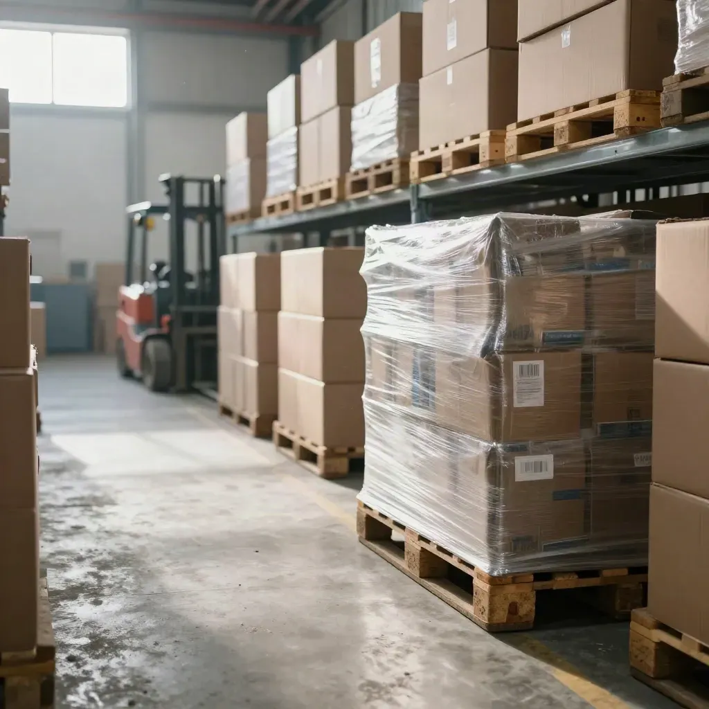 Inventory reordering opens a clear forklift lane beside shrink-wrapped pallets in a warehouse aisle.