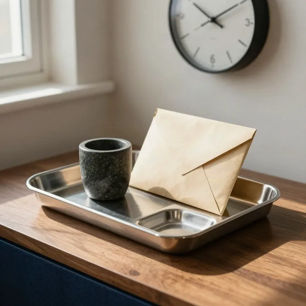 Steel payment tray with envelopes, dark stone cup and wall clock in a warm treasury corner.