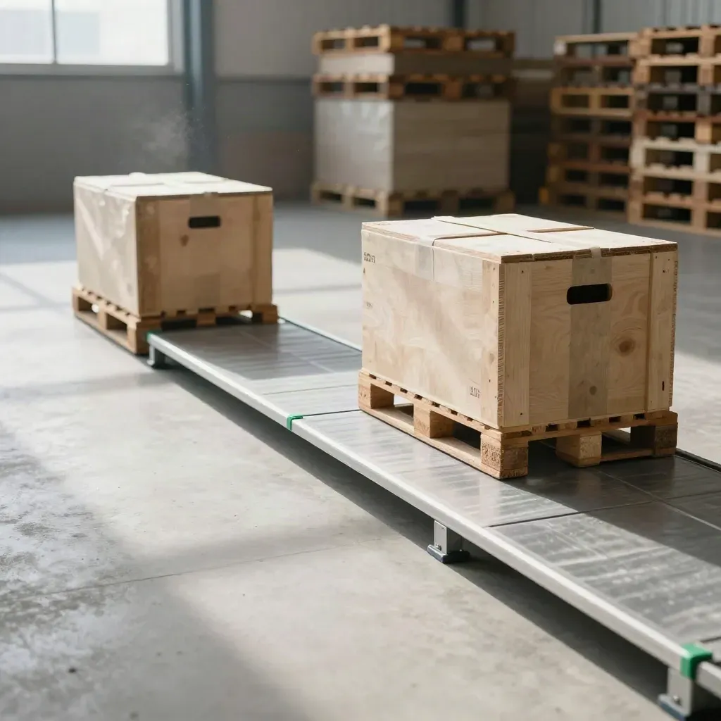 Dispatch floor with crates and a narrow bridge plank across a cleared pallet gap