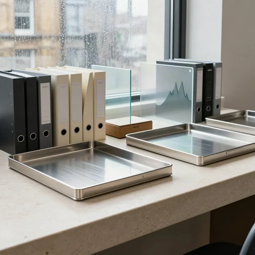 Cash-flow binders and trays on a stone office desk under shifting daylight, seen in a wide diagonal scene.