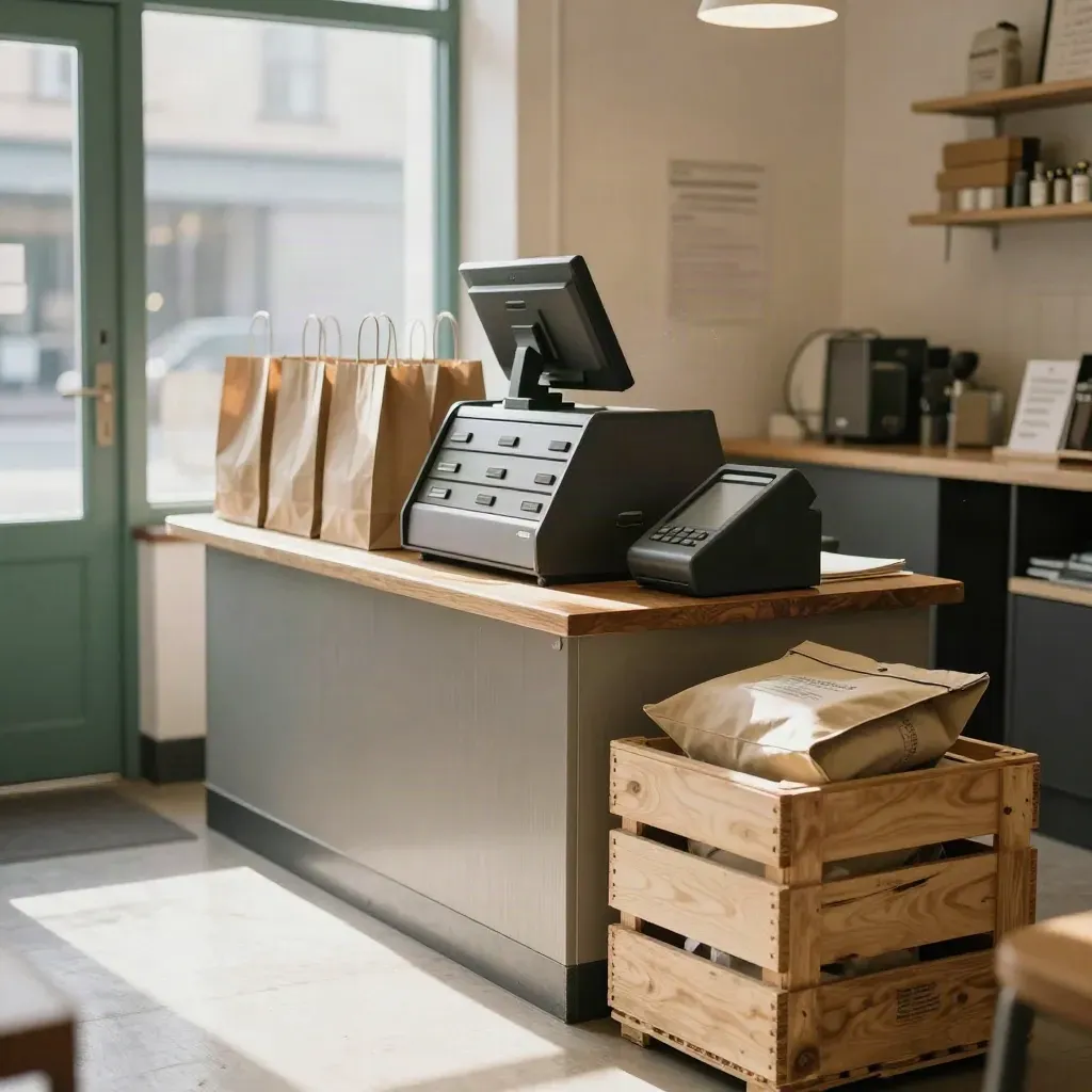 Retail checkout counter ready at opening with bags, closed till, and a delivery crate in warm light.