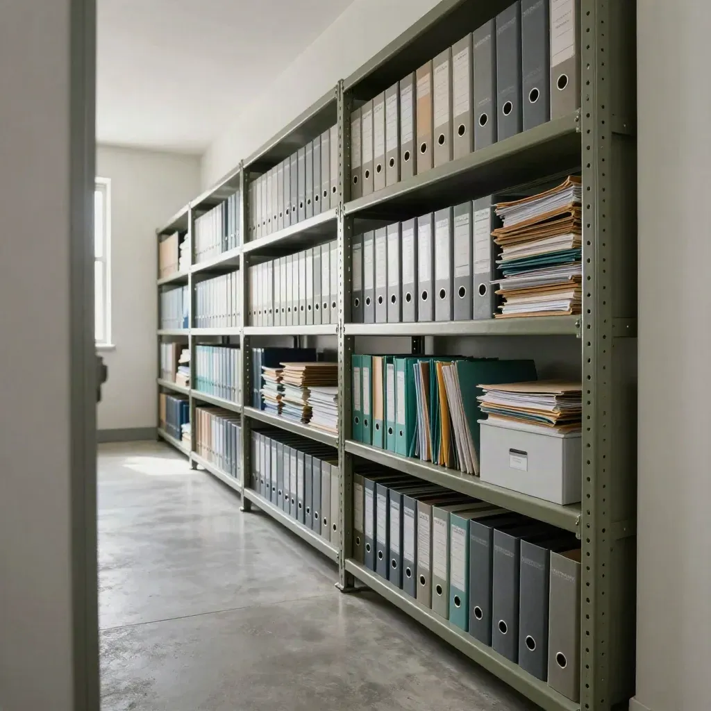 Calm archive room with slim binders, stacked cases, and a clean payment box on steel shelves.