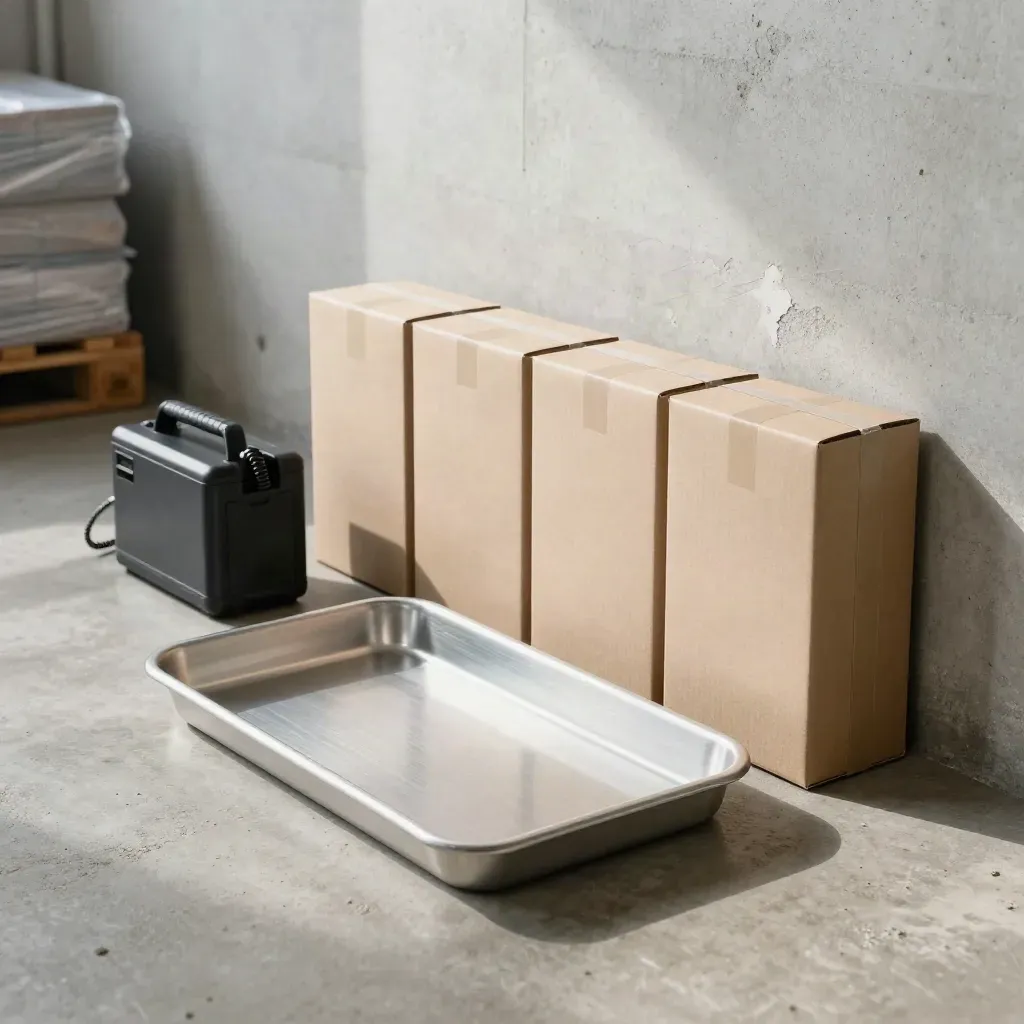 Liquidity stress-test setup with reserve trays, backup power pack and sealed stock boxes beside concrete.