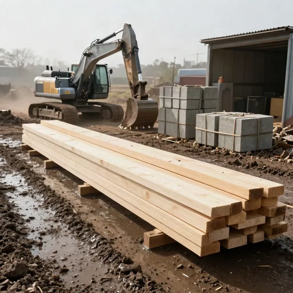 Empty builders’ yard with parked excavator, stacked materials, and fresh timber delivery in drizzle.
