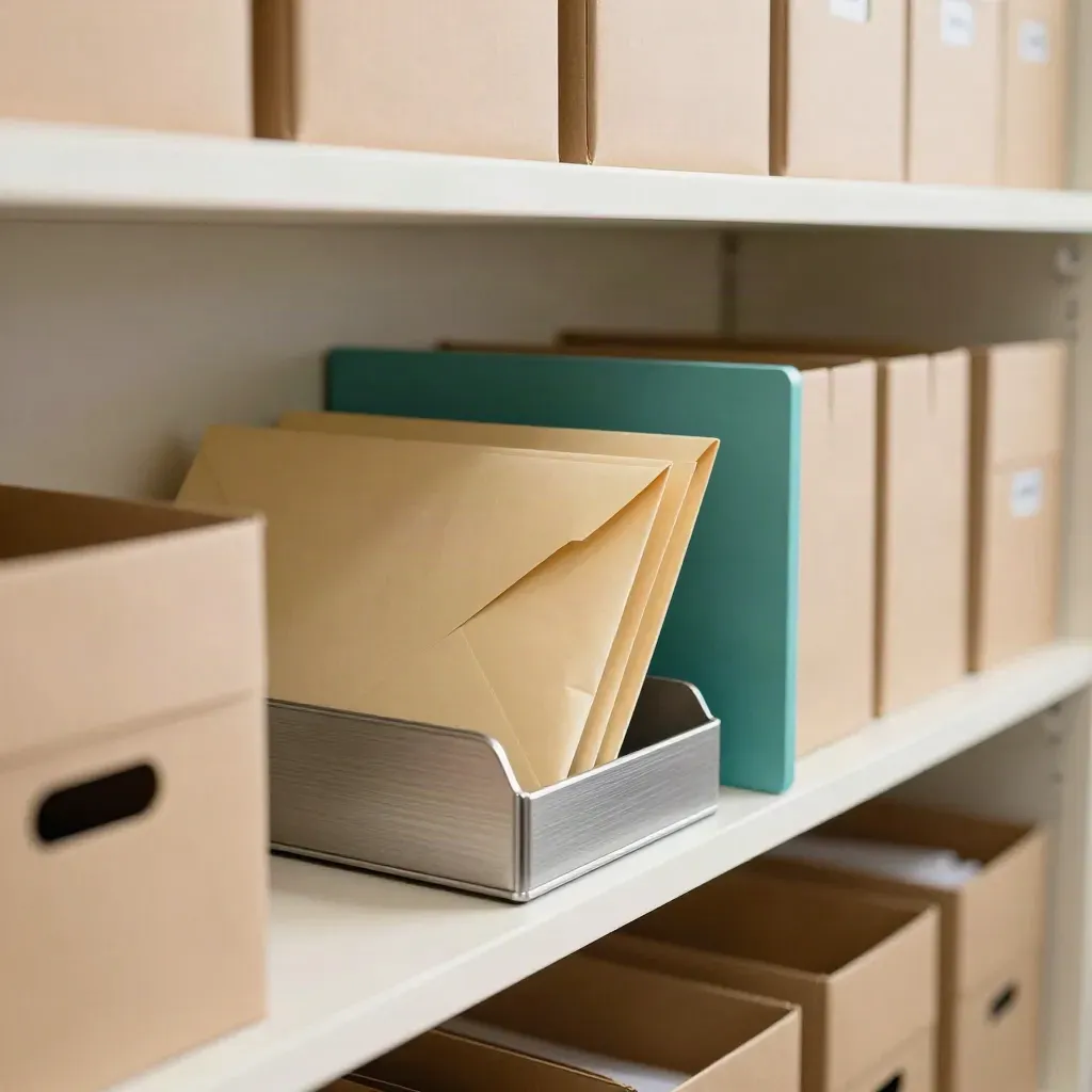 Macro of sealed tax envelopes, reserve boxes and a payment tray on a bright office shelf.