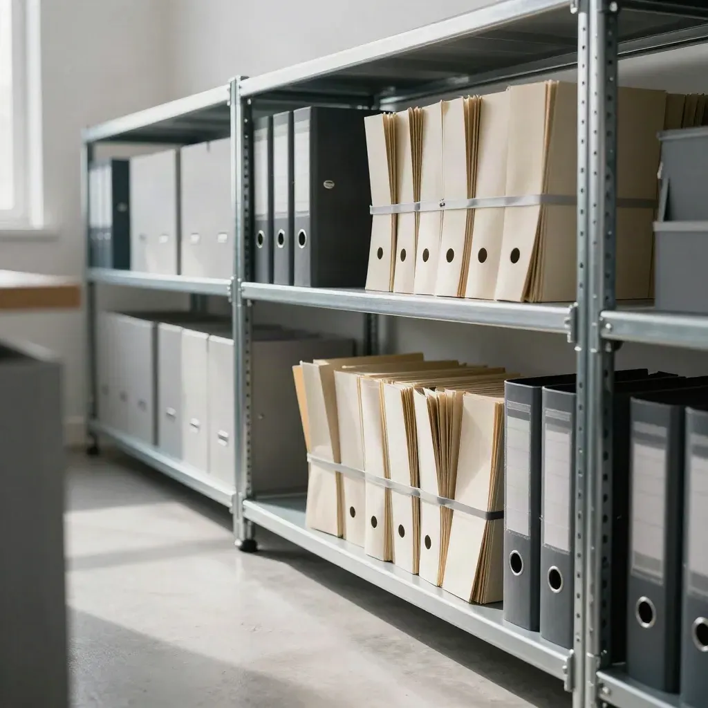 Quiet finance room shelves with slimmer binders and neatly reset payment files