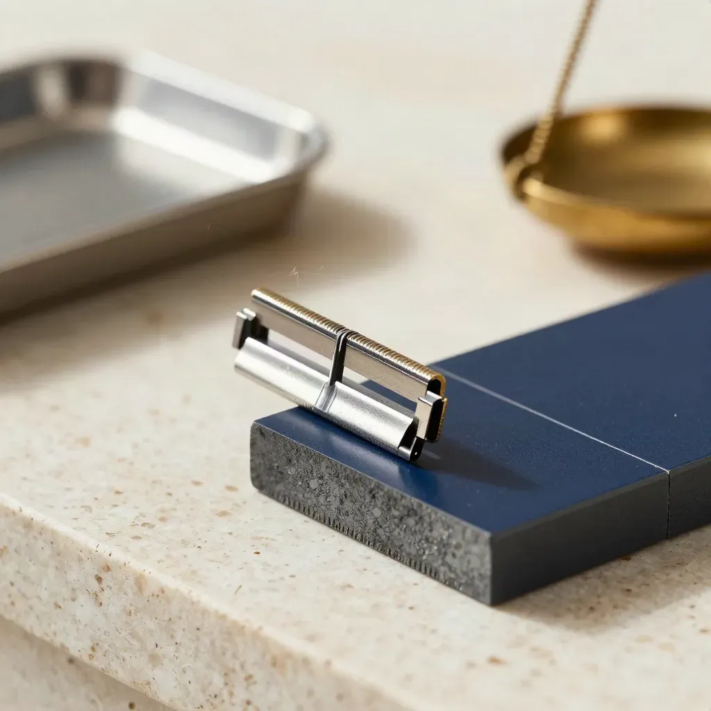 Brass balance weight, graphite block and navy ledger tile on travertine in soft macro light
