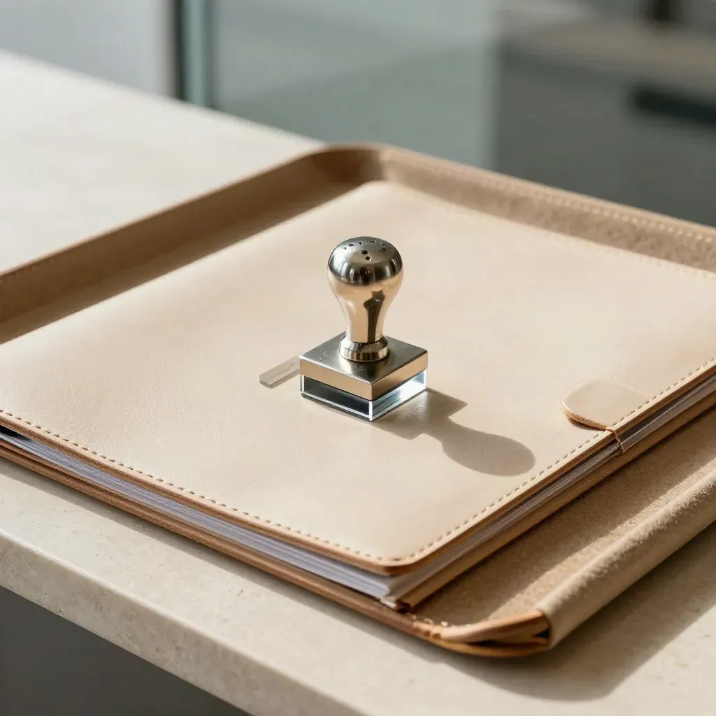 Pale leather funding folder, acrylic bridge block and nickel seal stamp in a tight macro finance still life.