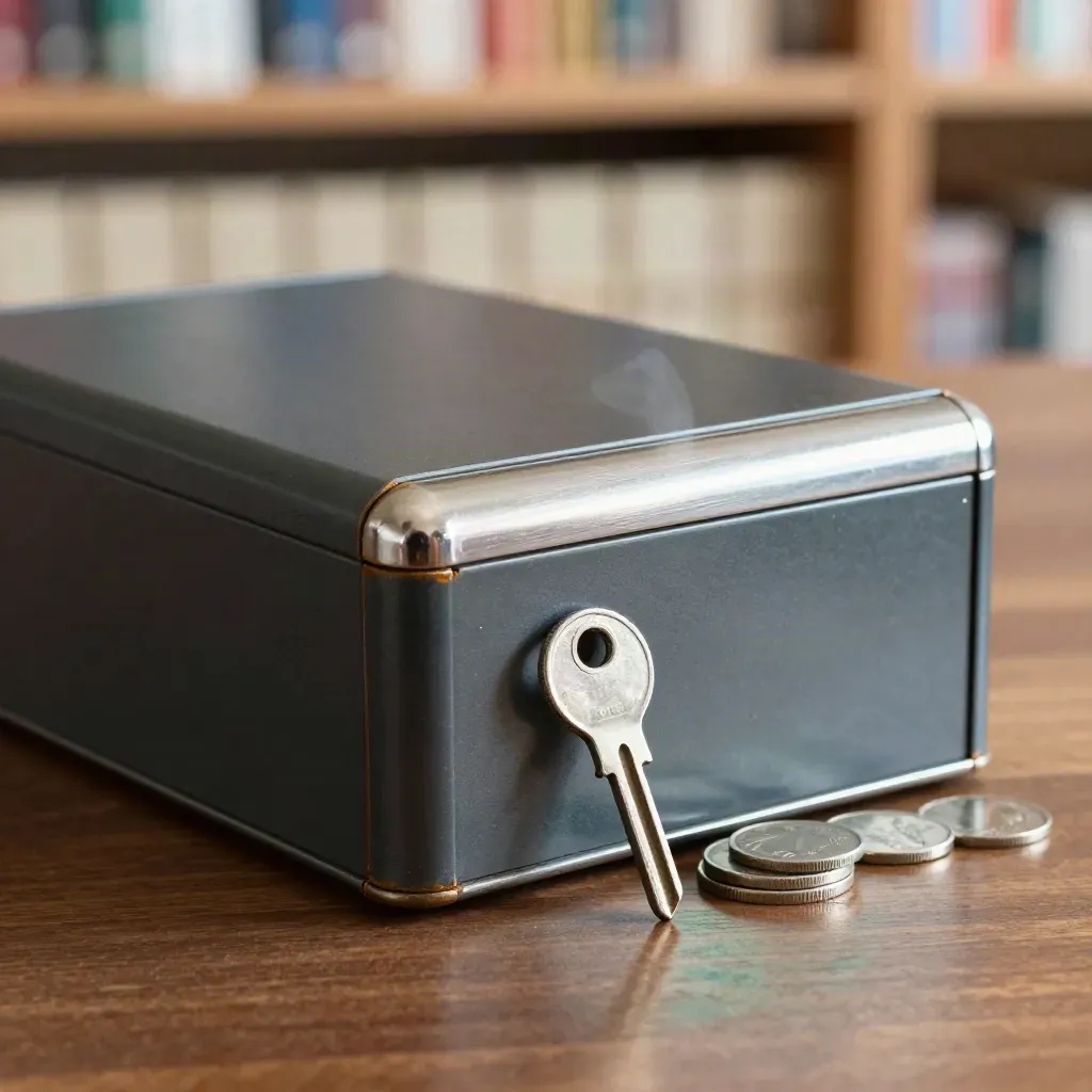 Dark cash box with key and coin weights on walnut surface, dramatic studio light.