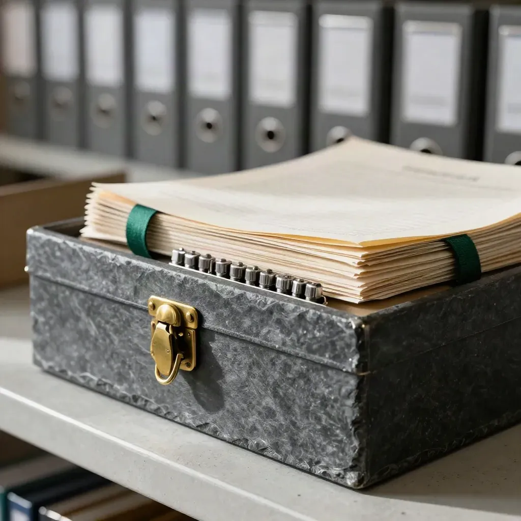 Slate archive box, brass clasp, and binder weights on a finance records shelf