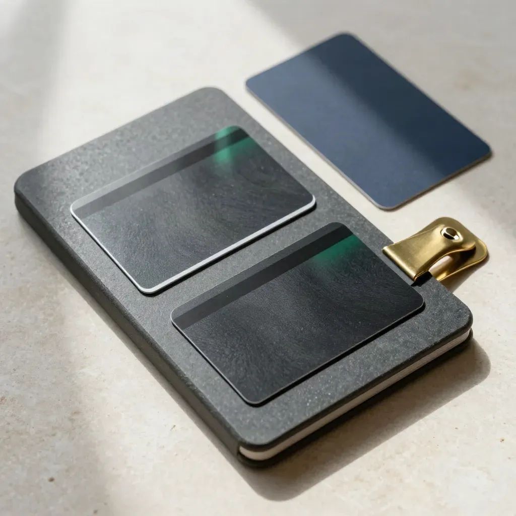 Overhead still life of a black ledger stone, two bank cards, and a brass cash clip on pale stone.