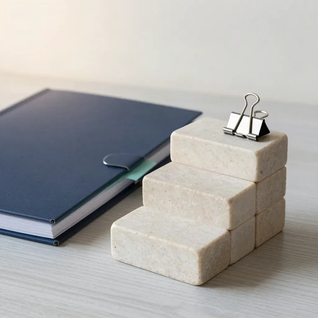 Stone blocks, binder clips, and a navy folder on a pale wood desk