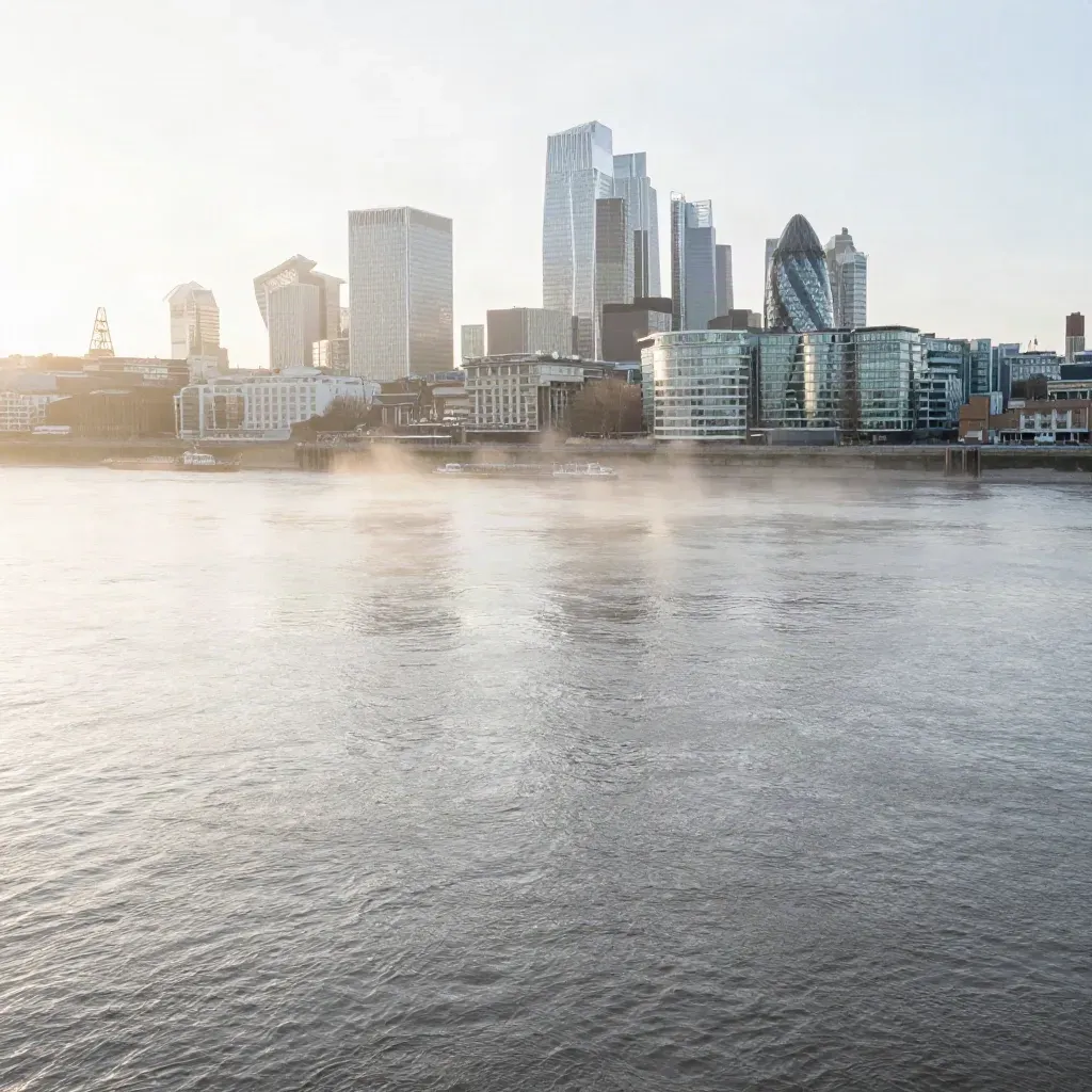 Hazy Thames skyline with Canary Wharf high above a calm silver river at golden hour.