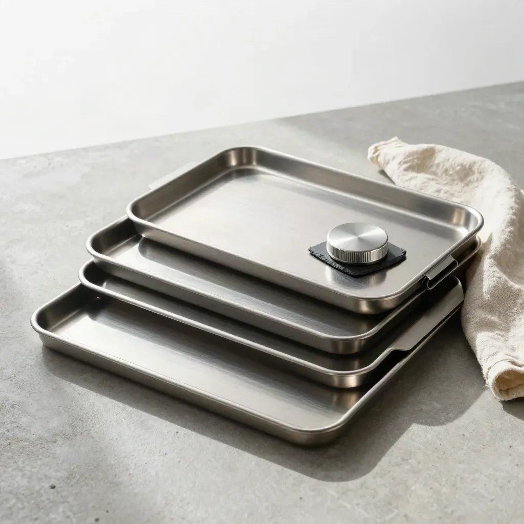 Brushed-steel trays, a dial and slate marker on concrete with soft linen cloth.