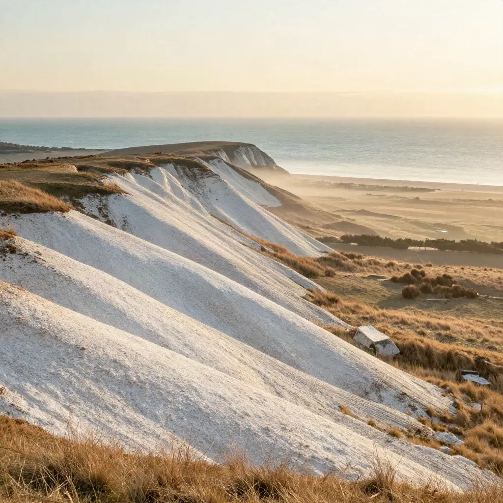 Chalk downs fading to a misty South East England coast at golden hour