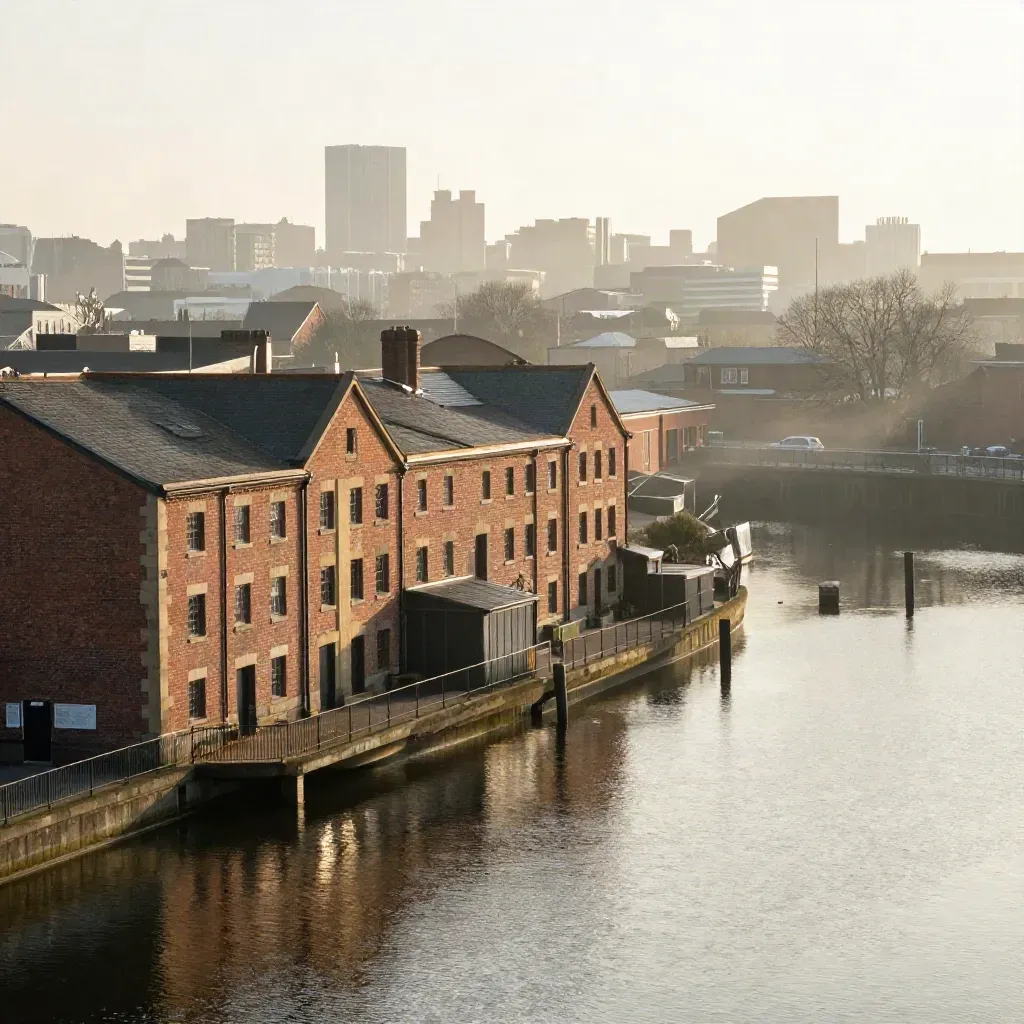 Birmingham canal warehouses and skyline above calm reflective water in warm haze