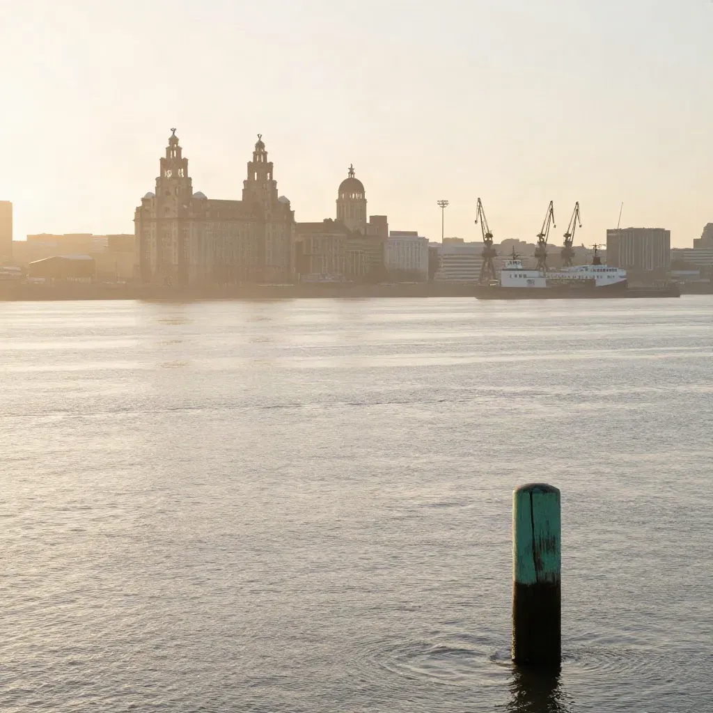 Liverpool waterfront silhouettes over the Mersey at golden hour, calm open water below