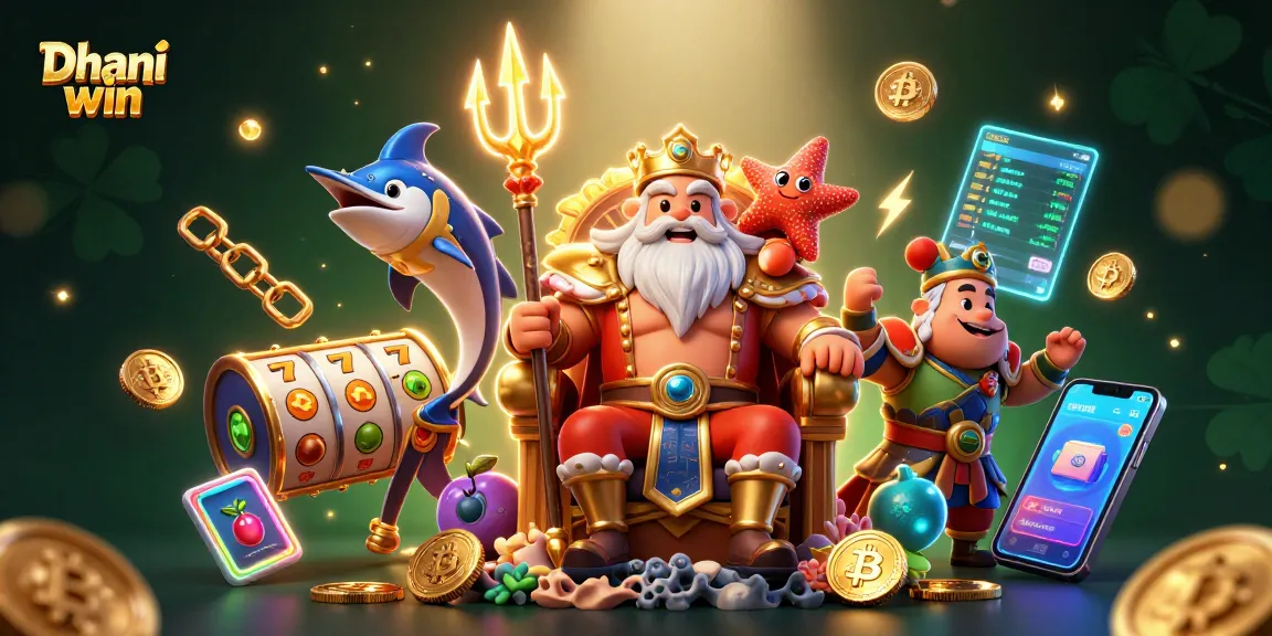 Dive into thrilling gameplay with Dhani win as slot reels and colorful coins fill this exciting scene.
