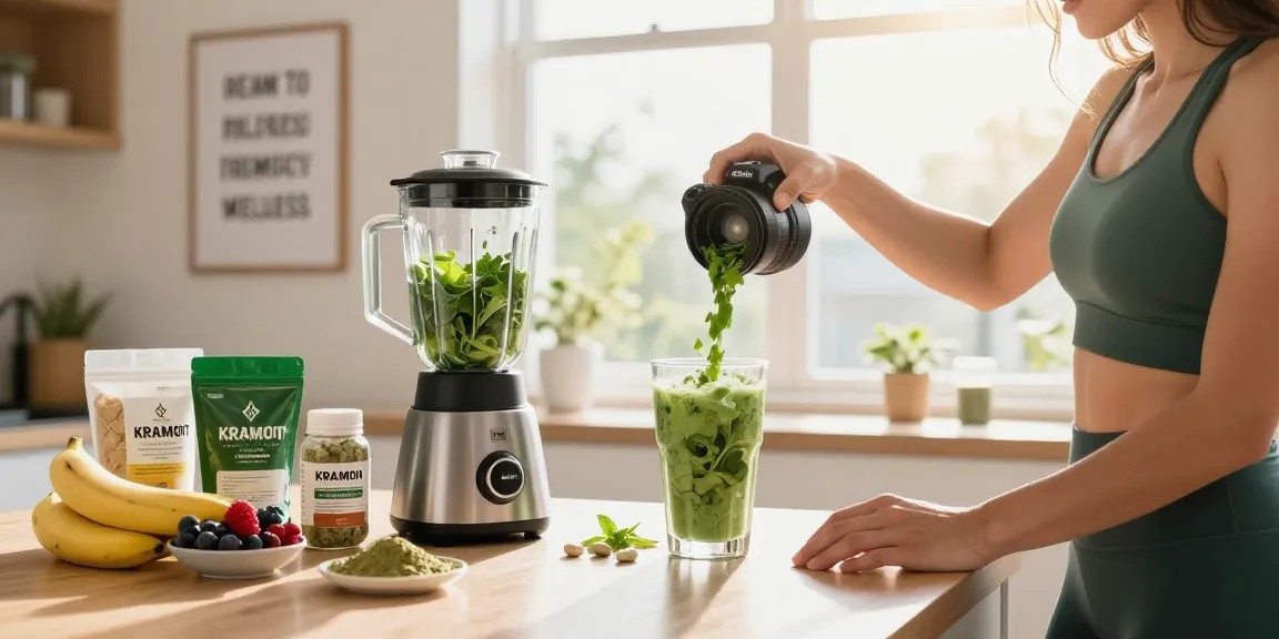 This kratom for energy smoothie preparation highlighting fresh ingredients and Kratom benefits.