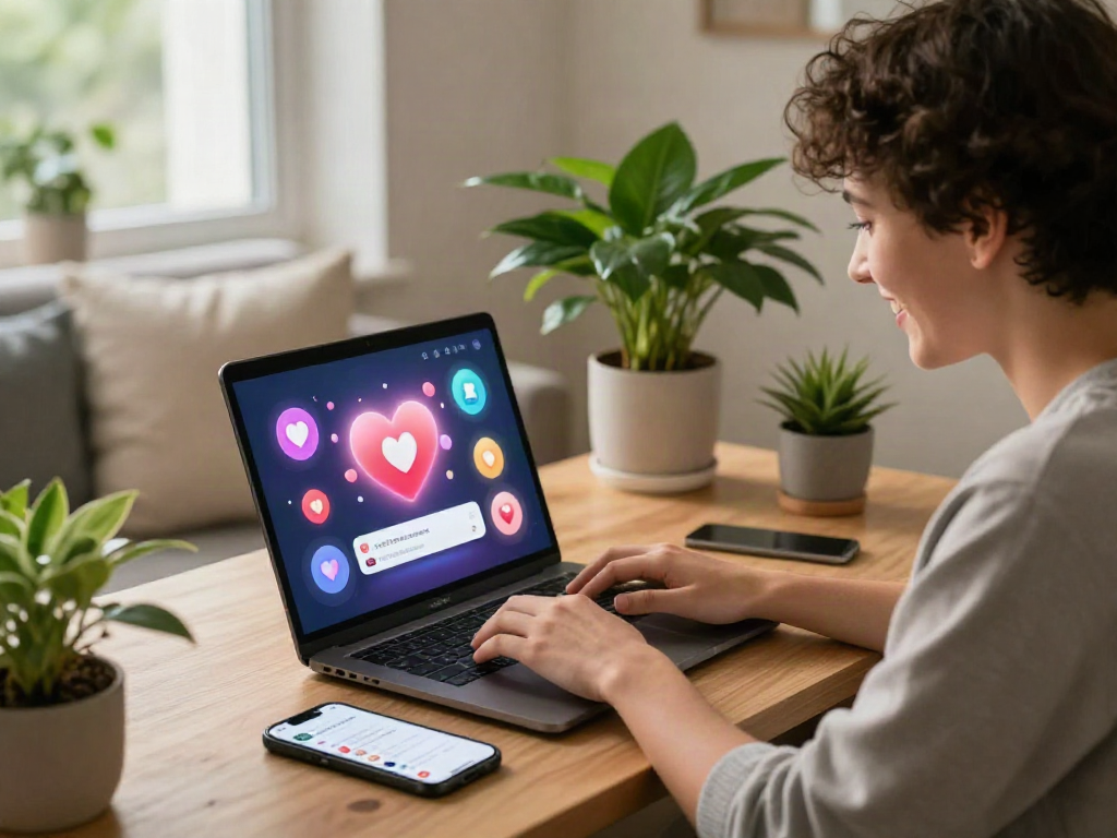 Young person enjoying ai porn chat on a laptop, surrounded by romantic digital elements, creating a cozy atmosphere.