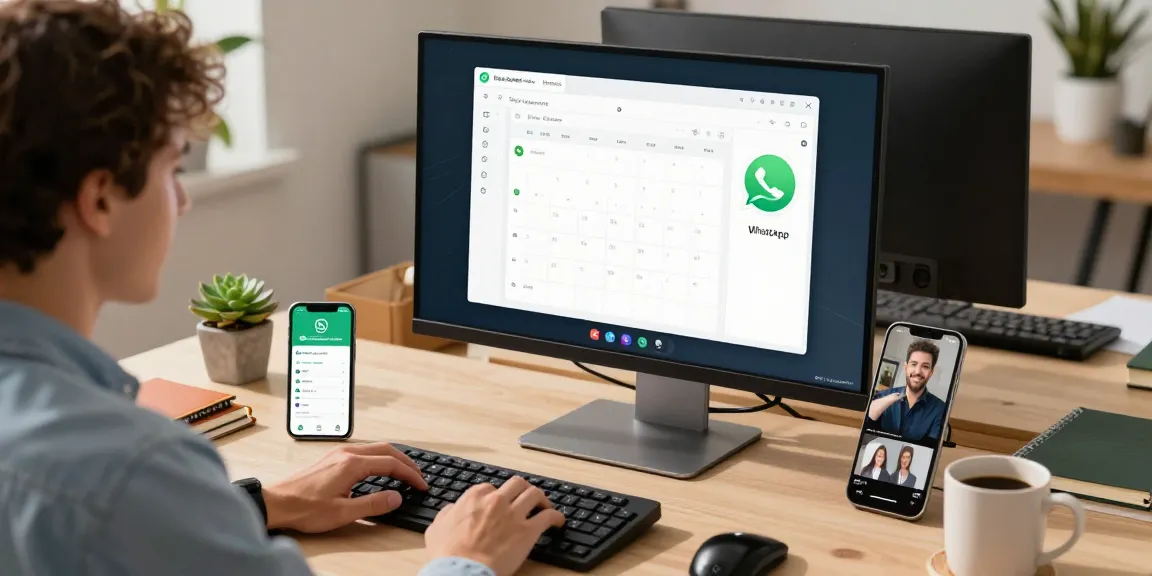 User managing WhatsApp電腦版 in a modern workspace filled with productivity tools and tech