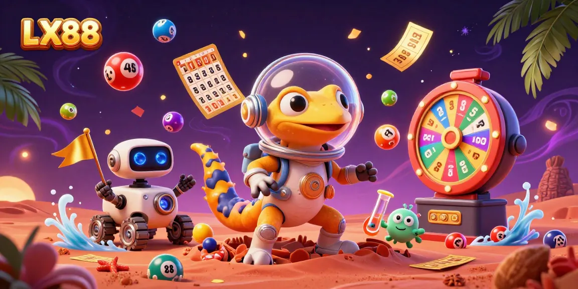 Join the fun at LX88 as the Martian gecko discovers a vibrant golden casino amid colorful lottery vibes.