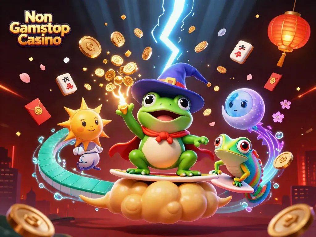 Experience excitement at a Non Gamstop Casino, featuring a vibrant scene of whimsical characters and casino elements.