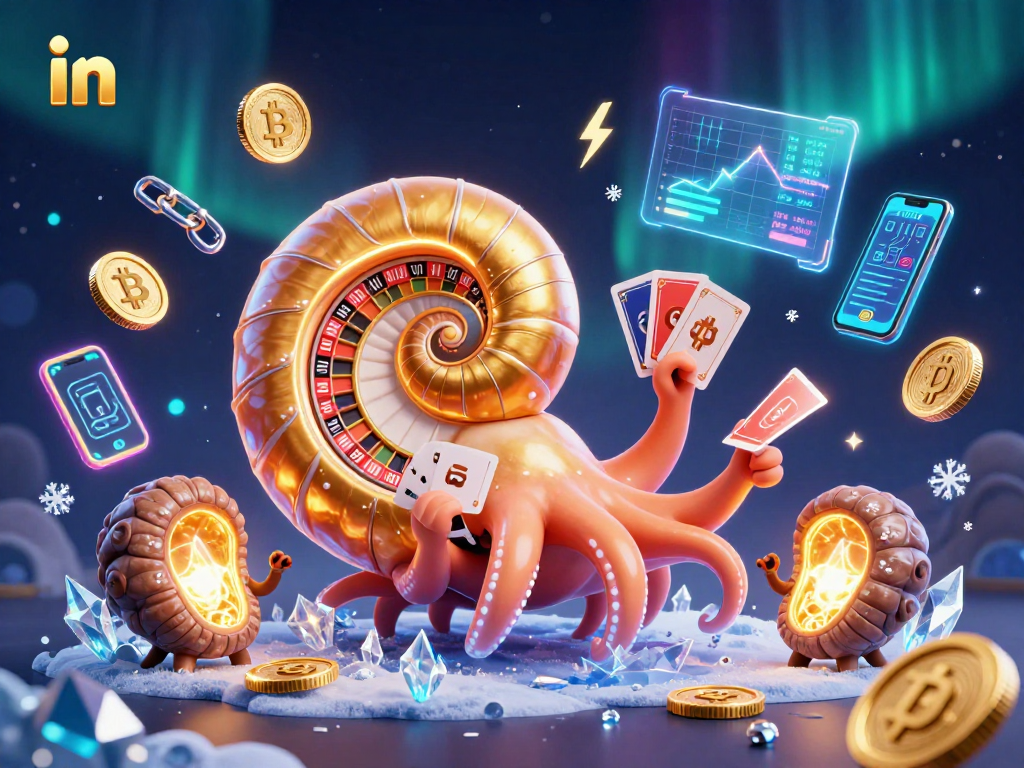 Engage in thrilling casino gameplay with the golden nautilus wheel and glowing crypto elements.