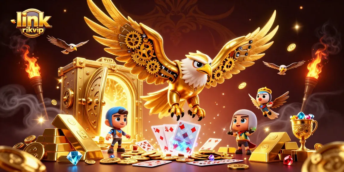 Engage with link rikvip's thrilling gaming experience featuring a cybernetic eagle amidst sparkling treasures.